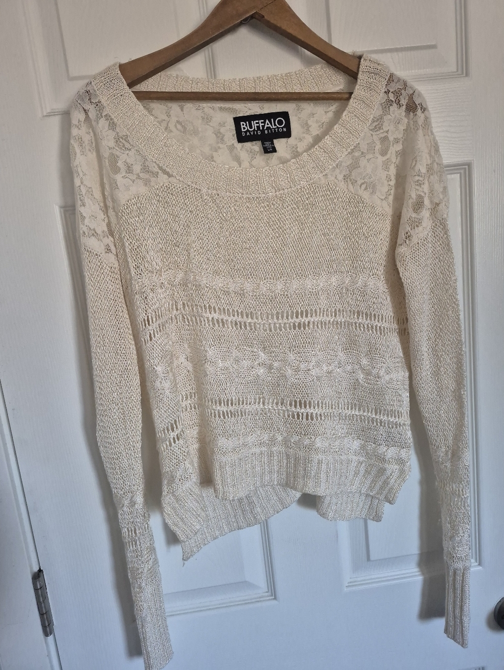 Buffalo David Bitton Cream Open-Knit Lace Accent Scoop-Neck Sweater